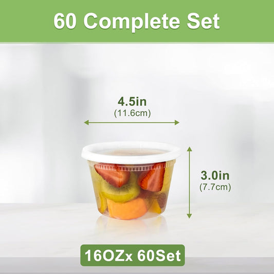 60 Sets (120-Piece) Deli Containers with Lids 16 oz, Leak-Proof & BPA Free Airtight Takeout Plastic Food Storage Containers for Soup, Freezer/Microwave/Dishwasher Safe