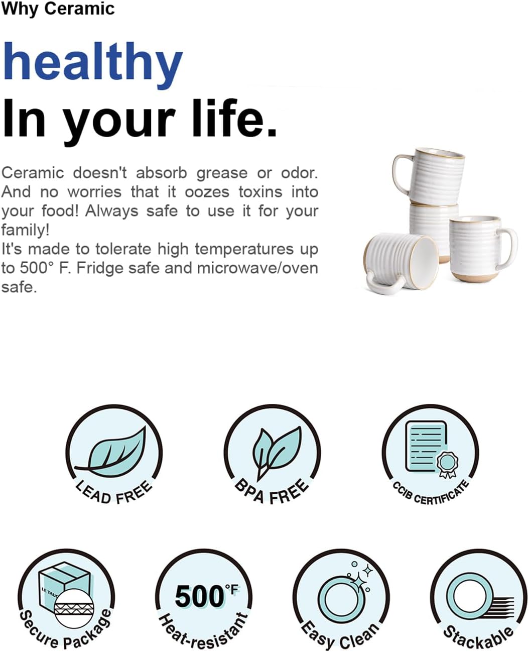 LE TAUCI Coffee Mugs 15 oz,Ceramic Mug Set, Coffee Cups for Latte, Hot Tea, Cappuccino, Mocha, Cocoa, Dishwasher Safe, Suit For Housewarming Wedding- 3.5 inch, Set of 4, Arctic White