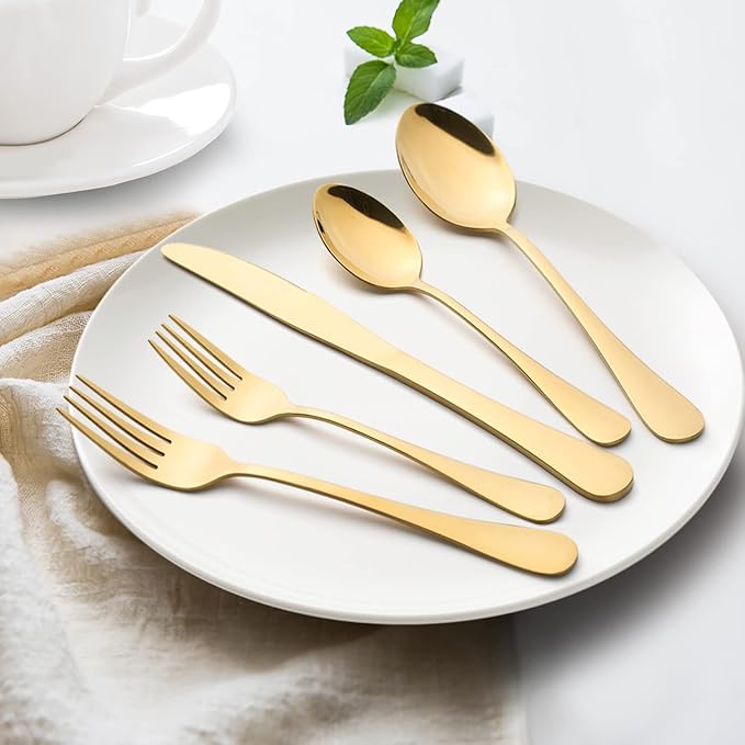 Gold Silverware Set, LIANYU 20 Piece Stainless Steel Flatware Cutlery Set for 4, Gold Mirror Finish, Ideal for Home Wedding Festival Party, Dishwasher Safe