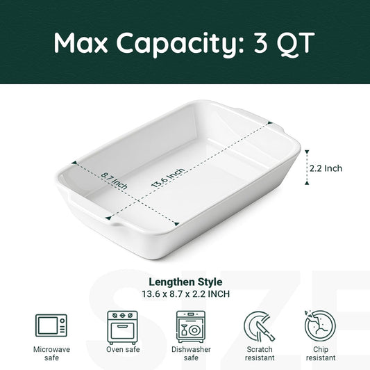 Casserole Dish with Roasting Racks, 3 QT Baking Dish with Handles, White Bakeware, Ceramic Baking Pan, Microwave Oven Safe, Dinner, Wedding (13.6"*8.7")