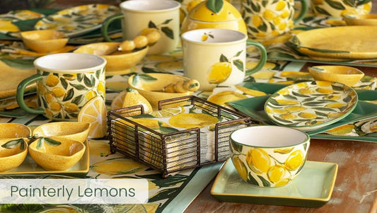 Boston International Ceramic Bowl and Stainless Steel Spreader, 5 x 3.75-Inches, Painterly Lemons