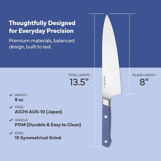 Misen 8" Chef Knife – High Carbon Japanese AUS-10 Stainless Steel – Hybrid German & Japanese Blade – Precision Kitchen Knife for Professionals & Home Cooks – Ultimate Cutting Performance - Blue