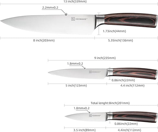 KEEMAKE Knife Set 3 Pieces - Kitchen Knives 1.4116 High Carbon Stainless Steel Professional Chef Knife Set, Razor Sharp Cooking Knife with Ergonomic Pakkawood Handle for Home Cooking and Restaurant