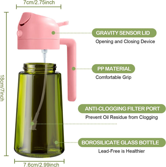 YARRAMATE 16oz/470ml Dark Green Oil Sprayer for Cooking with Stickers, Food-grade Premium 2 in 1 Olive Oil Dispenser Bottle for Kitchen Gadgets, Air Fryer, Salad, Frying, BBQ (Pink)