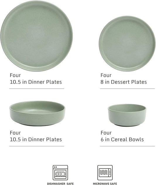 Gibson Elite Pasco 16 Piece (Service for 4) Plates and Bowls Double Bowl Reactive Glaze Dishes Stoneware Ceramic Dinnerware Set - Green