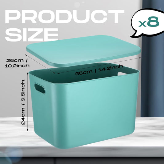 Hoolerry 8 Pieces Colorful Storage Bins with Lid, Plastic Storage Basket Organizing Container Stackable Box with Handle for Shelves Desktop Playroom Office(14.2 x 10.2 x 9.5 Inch,Green)