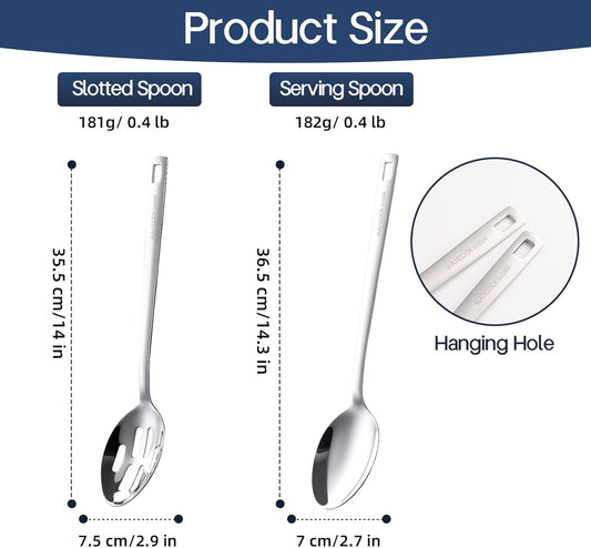 18/8 Stainless Steel Cooking Spoons Set - 2-Piece Solid Slotted Serving Spoon Cooking Utensils set for Pasta, Veggies, Salads (Dishwasher-Safe)