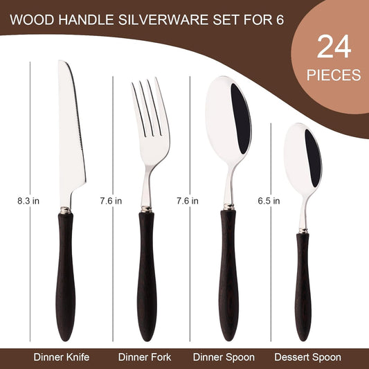 304 Stainless Steel Flatware Silverware Set with Wooden Handles, Rustic Tableware Cutlery Set for 6, Natural Wood Grain Knives Forks Spoons Set, (24 PCS, Wenge Wood Handle)