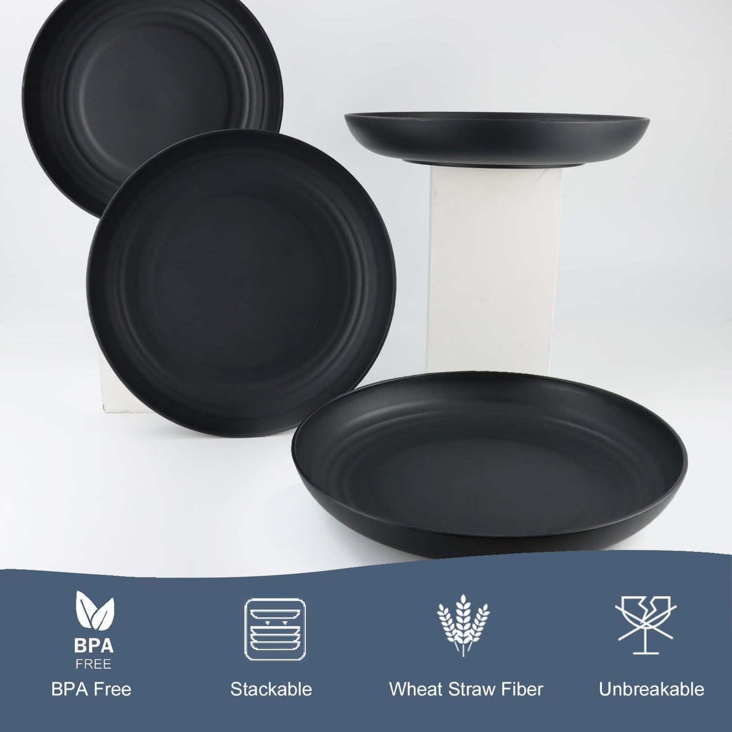 Homienly Deep Dinner Plate Set of 12 - Alternative to Plastic - Microwave & Dishwasher Safe - Wheat Straw Construction - Unbreakable - Ideal for Kids (Black, 9 inch)