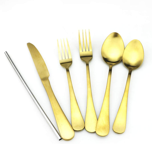 JASHII Modern Royal 5 Pcs Matte Gold 18/10 Stainless Steel Utensils Cutlery Dinnerware Set w/Drinking Straw, Knife Fork and Spoon Flatware Set for Wedding Festival Christmas Party Service for 1
