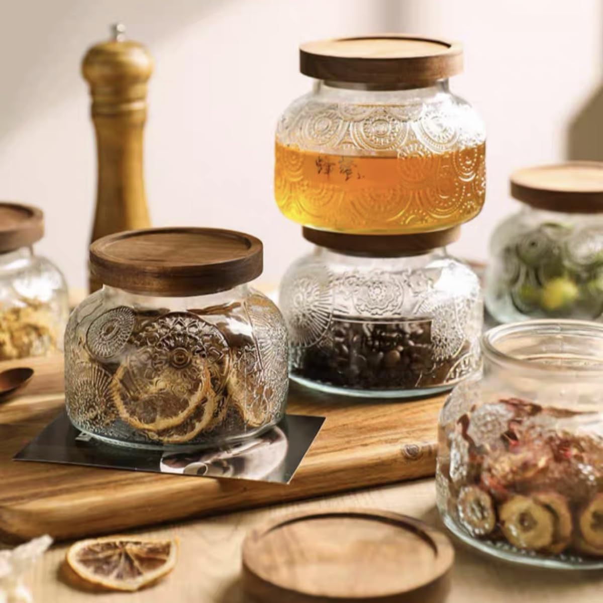 Vintage Decorative Jar 25.4FLOZ Glass Storage Container Mason Jar Candy Coffee Tea Nut Container Sugar Container, transparent, 750-FD1-wood lid