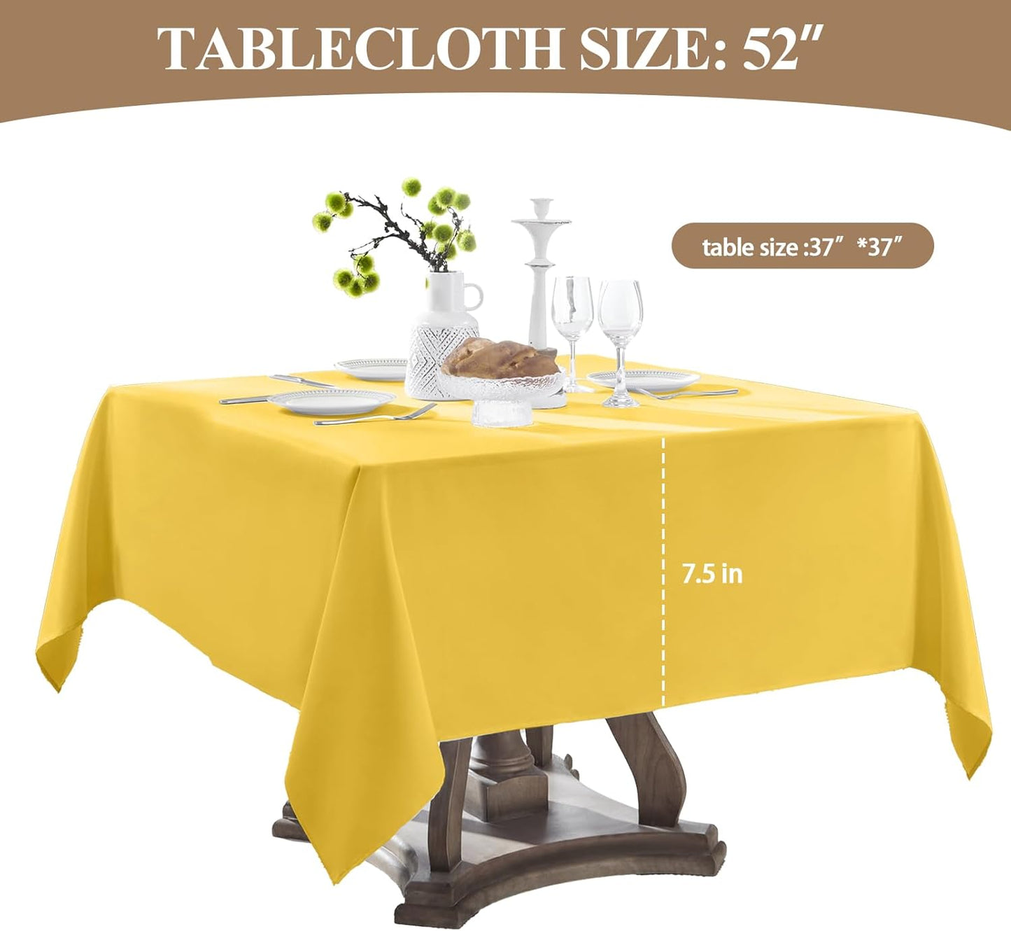 Square Tablecloth 52 x 52 Inch Yellow Tablecloths Stain-Wrinkle Resistant Washable Polyester Table Cloths for Holiday, Buffet Parties, and Weddinge 1pack