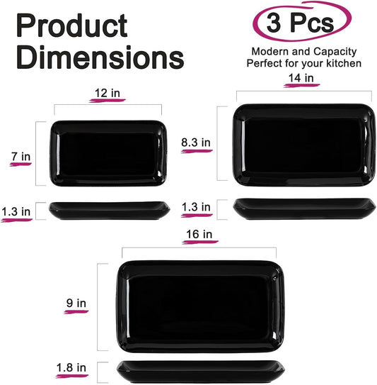 DELLING Large Serving Platter, 16/14/12inch Black Serving Tray Set- Rectangular Serving Platters for Party, Entertaining, Turkey Platter for Thanksgiving, Christmas, Microwave Dishwasher Oven Safe