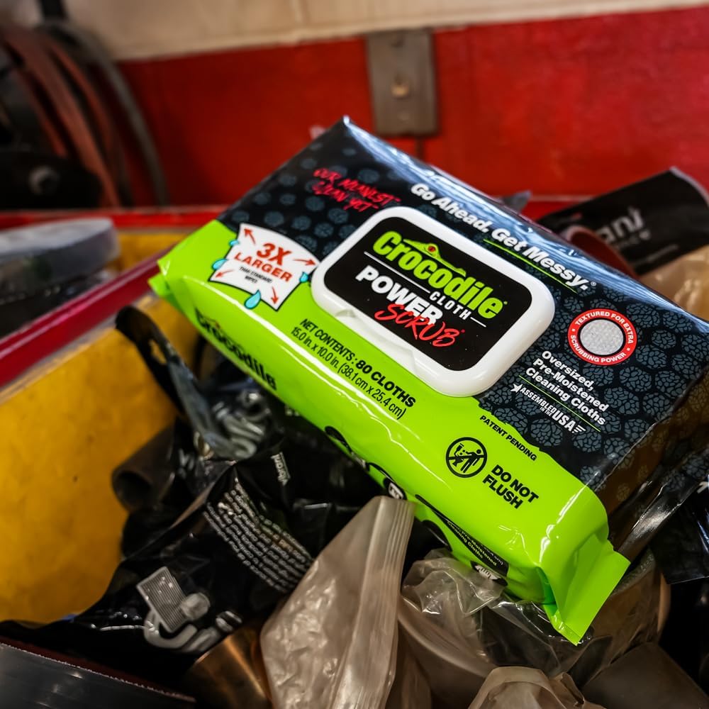 Crocodile Cloth PowerSCRUB Cleaning Wipes – 480 Count (6 Packs of 80 Count) Dual-Surface Cloths, Heavy-Duty, Moist, Absorbent, & Disposable - Safe on Skin & Multiple Surfaces - 15" x 10" XL Wipes