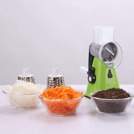 Manual Rotary Potato Grater Kitchen Mandoline Vegetable Slicer,with 3 Interchangeable Blades,Easy to use (Green)