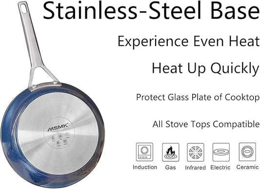MsMk Small Nonstick Frying pan Blue, 8-inch Durable Egg Omelet Skillet, Titanium and Diamond Non Stick Coating From USA, for Induction,Cerammic and Gas Cooktops, Oven Safe,Dishwasher Safe