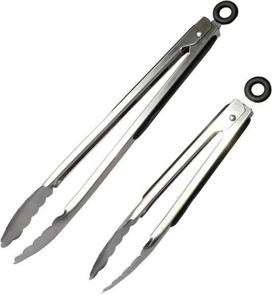 ALLTOP Metal Cooking Tongs,Stainless Steel Food Tong with No-slip Silicon and Locking Ring for Kitchen - 9 &12 inch,Set of 2-Black