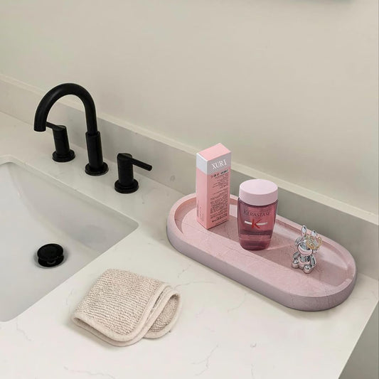 Natural Travertine Tray, Vanity Trays for Bathroom Countertop Organizer, Marble Decor Tray for Kitchen Counter (Pink, 9.8")