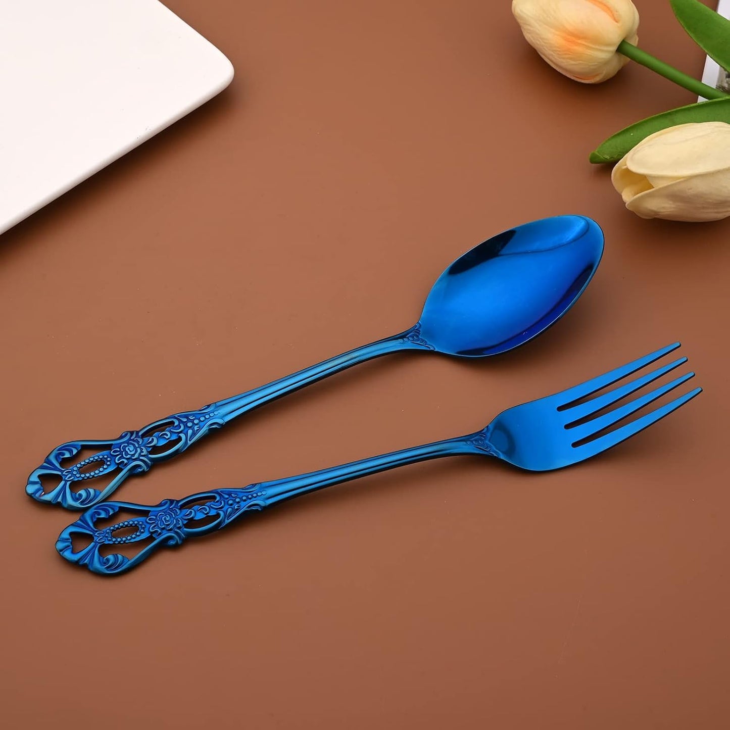 Royal 24-piece Blue Mirror Silverware Dinnerware, 18/10 Stainless Steel Luxury Flatware Service For 6 Include Knives/Forks/Spoons/Teaspoons, Dishwasher Safe