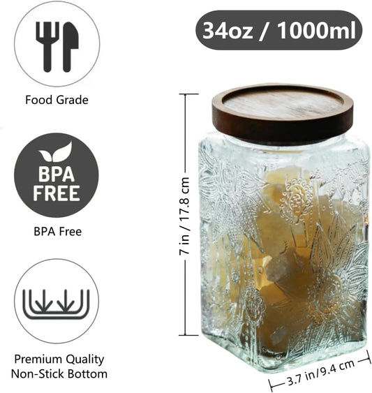 Vintage Glass Jar Canister, 34 FL OZ Food Storage Jar, Square Glass Jar with Lid, Decorative Jar for Home Kitchen Coffee, Tea, Candy, Sugar Jar