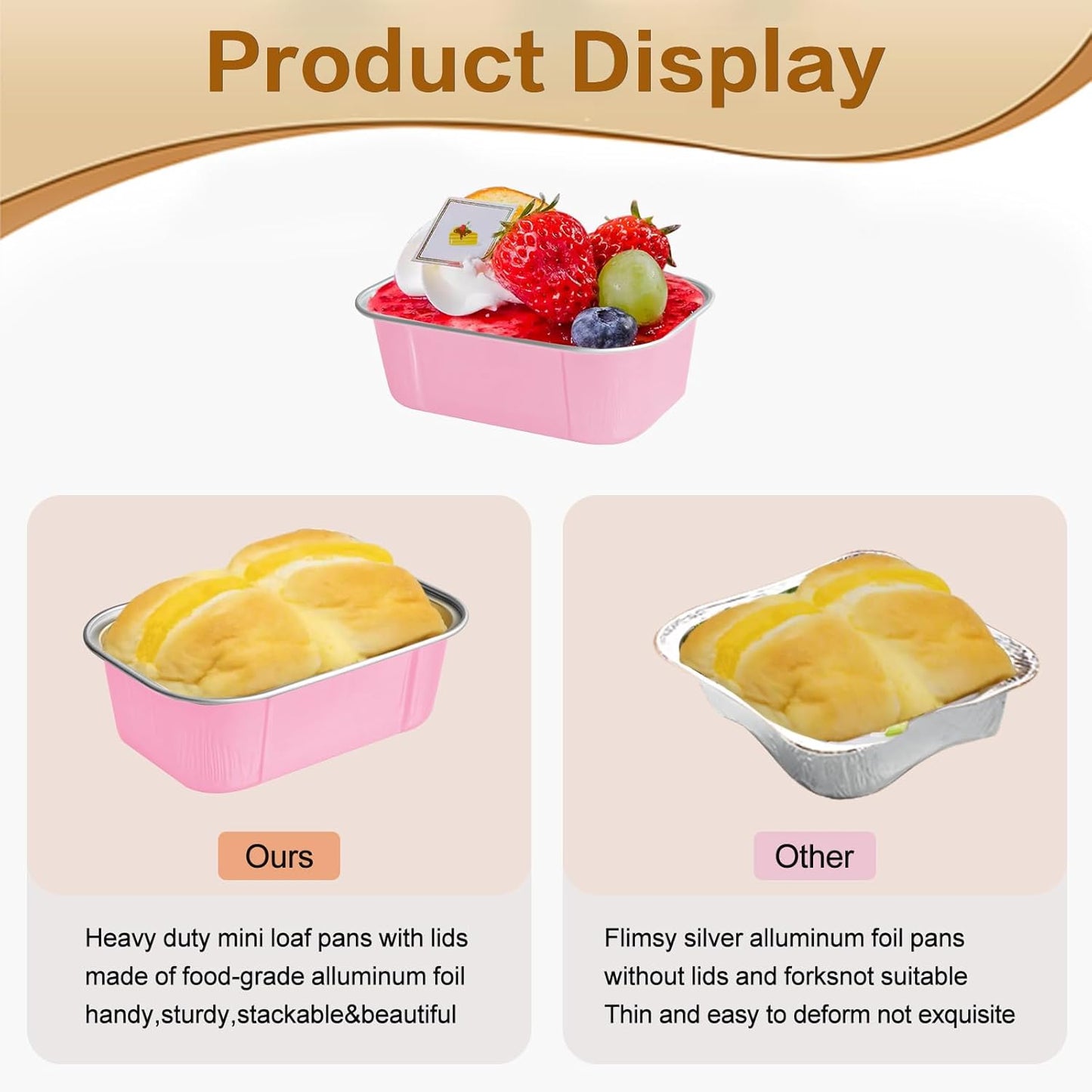 Mini Cake Pans With Lids And Spoons,5.5 oz Rectangle Mini individual Loaf Pans Disposable Aluminum Foil Small Baking Cups Tins (100, Pink)