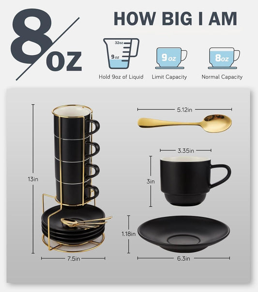 Lareina 8 Ounce Porcelain Cappuccino Cups Set of 4, Stackable Coffee Cups with Saucers, Spoons and Metal Stand -for Specialty Coffee Drinks, Cappuccino, Latte, Americano and Tea, Black