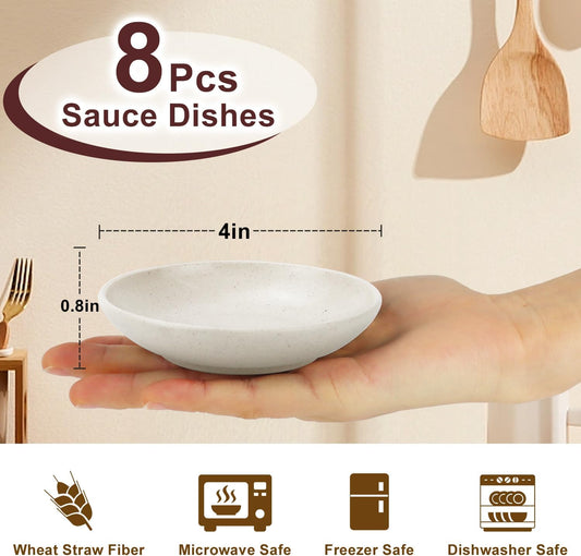 4 Inch Appetizer Plates 8 Pieces, Lightweight and Unbreakable Wheat Straw Plates, Small Sauce Plate, Mini Serving Bowls for Side Dishes, Condiment, Appetizer (White)