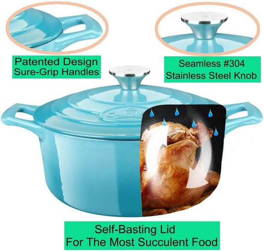 La Cuisine 2175MB Enameled Cast Iron Dutch Oven, Casserole, Pot, 5-Quart (QT) - Matte Black Enamel Interior, Teal Porcelain Enamel Coating Finish Exterior