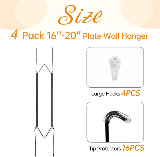 Bilillo 4 Pack Plate Hangers for The Wall, Suitable for 16''-20'' Decorative Plate,Invisible Heavy Duty Wire Plate Holder with Wall Hooks, Plate Hangers for Displaying Plates, Platter, Dish(Black)
