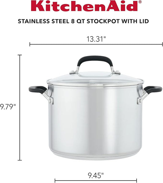 KitchenAid 71022 Stainless Steel Stockpot with Measuring Marks and Lid, 8 Quart - Brushed Stainless Steel