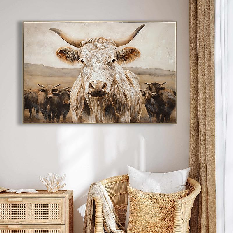 YPGEAME Modern Farmhouse Decor, Highland Cow Wall Art , Rustic Farmhouse Oil Painting with Wood Frame, Scottish Cattle Landscape on Canvas, Countryside Decor for Living Room, Kitchen, Cabin, 32*48 in