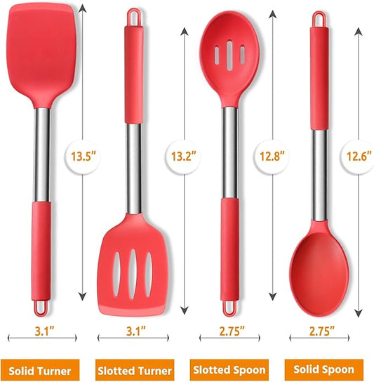 Cooking Utensils Set of 4, E-far Silicone Kitchen Utensils for Non-stick Cookware, Heat Resistant & Non-toxic Slotted Spatula Solid Spoon Turner for Flipping Mixing Serving Basting(Red)