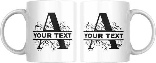 Customizable 11oz Coffee Mug - Sublimated Printed Mugs with Personalized Text, Names, and Initials. Perfect as Gifts for Men and Women for Birthdays (White Mug) (Monogram Black)