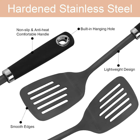 3-Piece Cooking Utensils Set Stainless Steel Large Serving Spoons Set Slotted Spoon Spatula Turner Skimmer Commercial and Residential Use Dishwasher Safe, Black