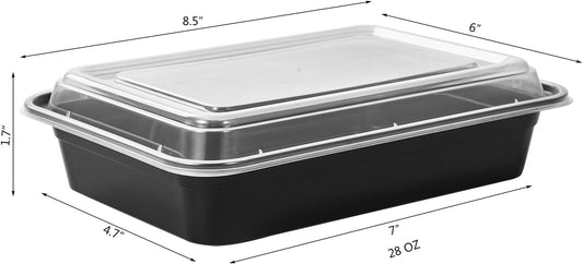 FULING 150 Pack Meal Prep Plastic Food Storage Containers With Lids 28 oz 1 Compartment Black Rectangular Reusable To Go Lunch Prepping Boxes BPA-Free Microwavable Freezer Dishwasher Safe Stackable