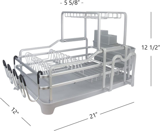 Evelyne GMT-10353-B Aluminum Dish Drying Rack with Utensil Holder - 2 Tier Kitchen Countertop Rust Proof Dish Rack Lid Hanger and Drainboard Set - Large Dish Organizer Rack
