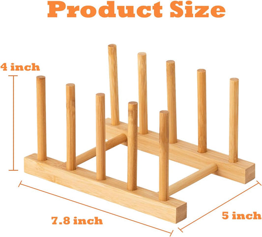 Bamboo Wooden Dish Rack, Plate Organizer for Cabinet Space Saver and Kitchen Counter, Bowl/Cup/Pot Lid/Cutting Board Drying Holder (4 Slots)