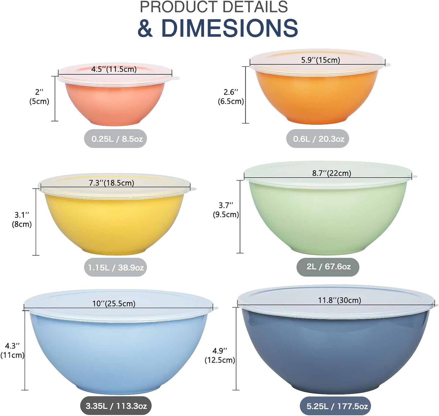 6-Piece Plastic Mixing Bowl Set with Lids for Kitchen, Nesting Storage Bowls for Baking, Prepping,Cooking and Serving Food, Dishwasher, Microwave Safe,Great for Mixing & Serving,Light blue