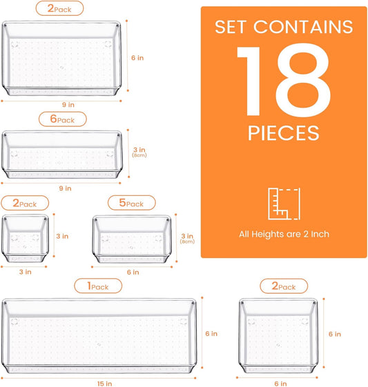 Criusia Drawer Organizer, 18 Pack Large Clear Plastic Kitchen Drawer Organizers Set, 6 Size Versatile Bathroom and Vanity Drawer Organizer Trays, Storage Bins for Makeup, Bedroom, Kitchen Utensils