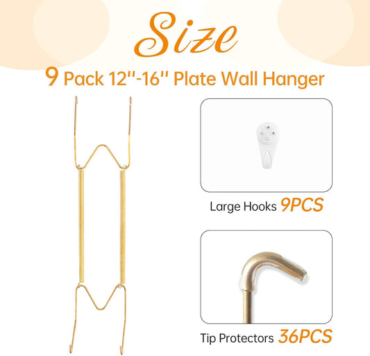 Bilillo 9 Pack Plate Hangers for the Wall, Suitable for 12-16 inch Art Plate, Stainless Steel Invisible Heavy Duty Wire Plate Holder with Wall Hooks, Plate Hangers for Displaying Plates, Platter, Dish