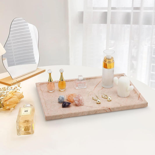 Real Luxurious Natural Marble Tray - 12x8 Inch Marble Vanity Tray for Perfume Display, Jewelry Organizer, Bathroom & Home Decor -Heavy Duty Non-Slip Stone Tray (Non-Resin/Non-Ceramic)(Pink)