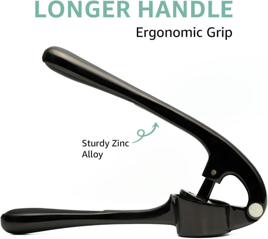 GD Black Garlic Press Crusher Mincer Tool - Stainless Steel Garlic Press, Dishwasher Safe & Rust Proof, Easy-Squeeze Garlic Crusher with Ergonomic Handle - Includes Silicone Peeler & Brush (Black)
