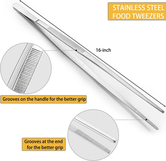 JETKONG 16 Inch Cooking Tweezers Extra Long Kitchen Tweezers, Large Stainless Steel Tweezer Tongs for Cooking Grilling and BBQ