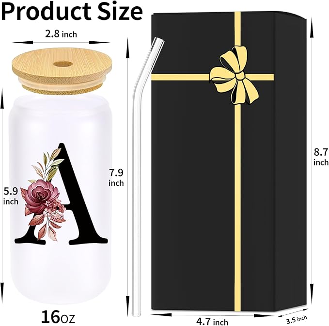 Monogrammed Glass Drinking Cup With Bamboo Lid Straw Customized Iced Coffee Tumbler 16oz Clear Mason Jar Beer Water Smoothie Cocktail Accessories Cool Cute Mug Gift Vasos De Vidrio Con Tapa Popote,A