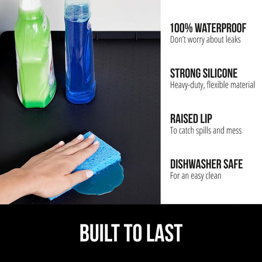 GORILLA GRIP Waterproof Silicone Under Sink Mat with Raised Lip for Kitchen and Bathroom, 28 x 22 in, Cabinet Shelf Liner Stay in Place Mats Dishwasher Safe Drawer Liner, Organizer Tray, Black