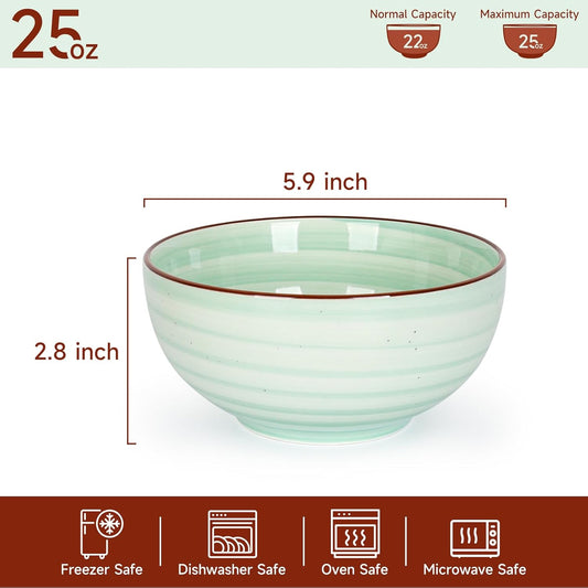KitchenTour 24 OZ Cereal Bowls Set of 6, Ceramic Soup Bowls for Kitchen, 5.9 Inch Colorful Serving Bowls for Oatmeal, Salad, Pasta, Dessert - Microwave & Dishwasher Safe, Assorted Warm Colors