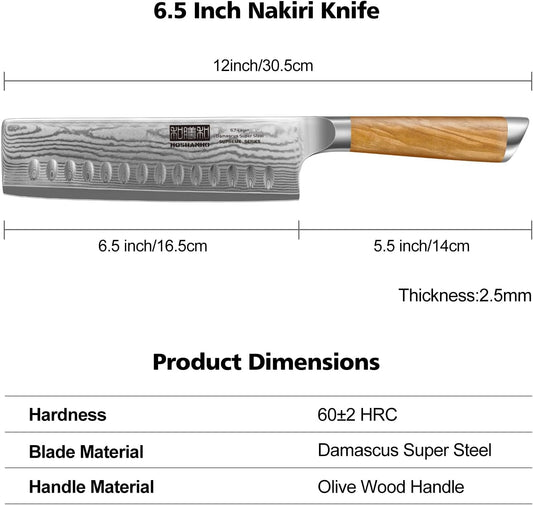 HOSHANHO Damascus Nakiri Knife 6.5 Inch, Super Sharp Damascus 10Cr15CoMoV Japanese Kitchen Knife, Cleaver and Vegetable Knife with Ergonomic Olive Wood Handle