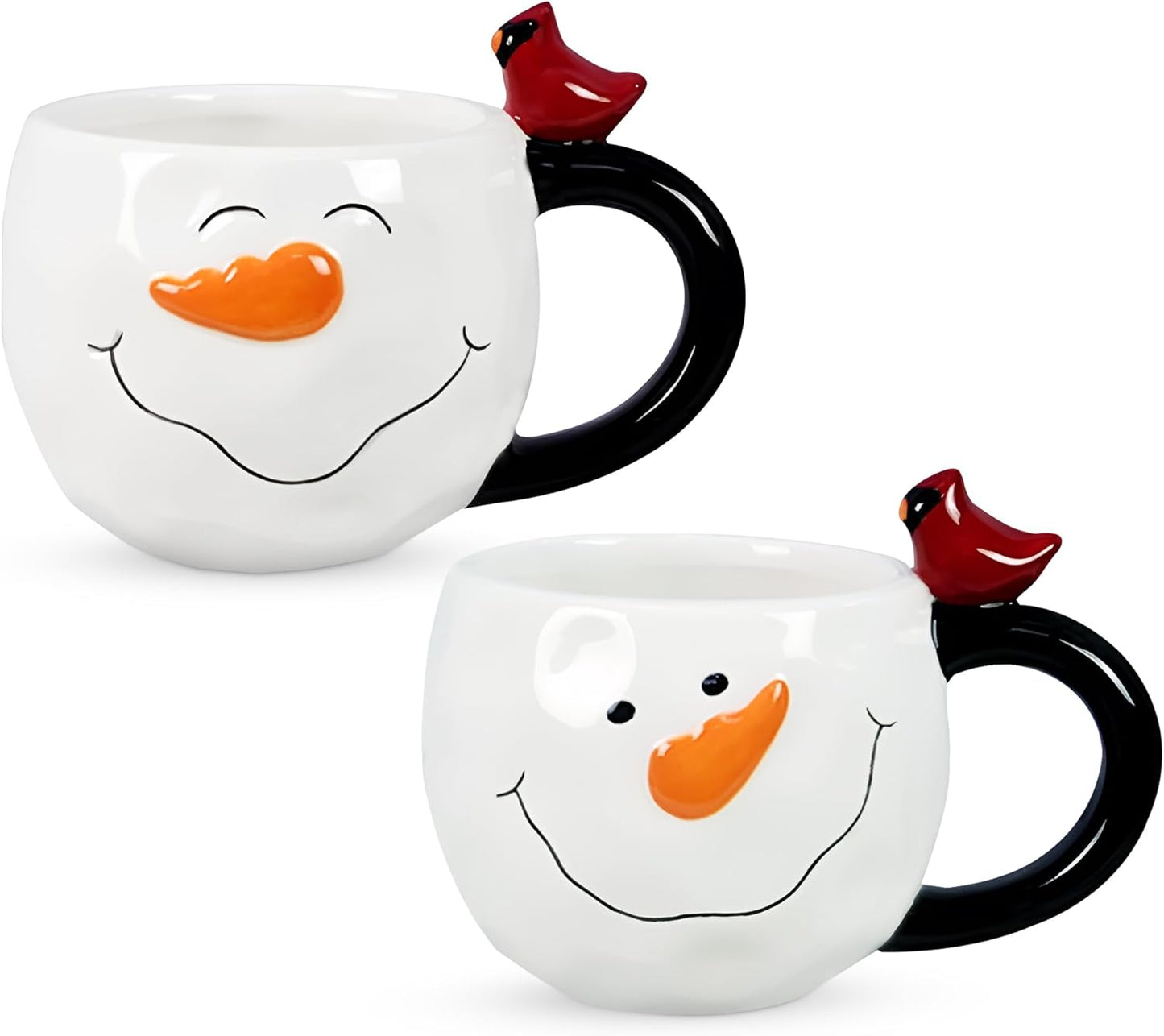 Young's Inc Ceramic Snowman Coffee Mug with Cardinal, Set of 2, Cups for Tea, coffee, Cold Drinks, Gift for Coffee Lovers, Parents, Microwave & Dishwasher Safe, Best Mom & Dad Gift, 14 Ounces