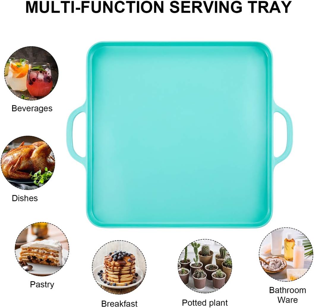 Square Serving Trays with Handles Melamine Turquoise 12.5x12.5 Inch Spill Proof Kitchen Eating Trays Set of 2 for Cafeteria Cafe Food Appeizer Dessert Snack Dinner Lunch Breakfast,TR13-02