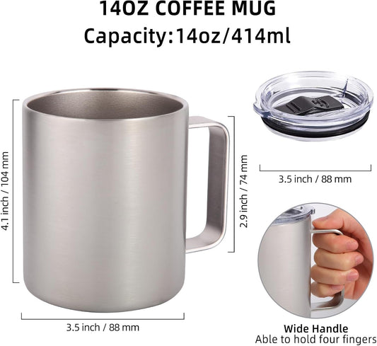 Volhoply 14oz Insulated Stainless Steel Coffee Mug with Leakproof Lid,Double Wall Vacuum Travel Coffee Cup with Handle,Reusable Metal Cups Tumbler,Camping Mugs Keep Hot,Ideal Gifts(Silver,1)